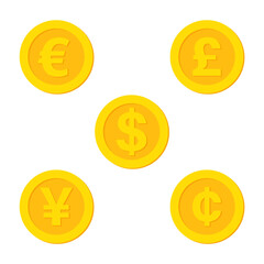 vector gold coin currency dollar, euro, pound sterling, yen, cedi isolated on white background
