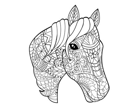 Horse coloring book design for adult Hand zentangle drawn ornate fashion style t shirt print doodle
