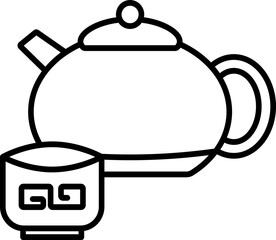 Teapot And Cup Icon In Line Art.