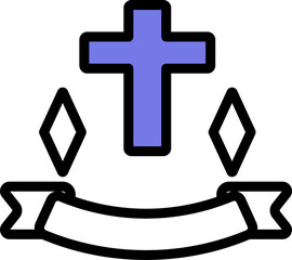 Christian Cross with Ribbon Icon in Blue and White Color.