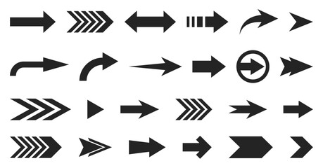 vector set collection of arrow direction sign silhouette design elements in various shapes
 isolated on white background