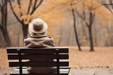 Elderly woman sitting on a bench in nature, back view - obrazy, fototapety, plakaty