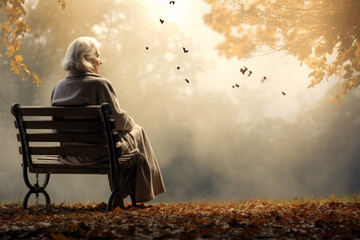 A lonely elderly woman sits on a bench in nature, in a nostalgic mood.