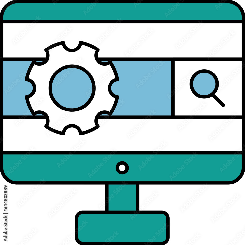 Aufkleber setting or searching tools in desktop screen flat style icon.