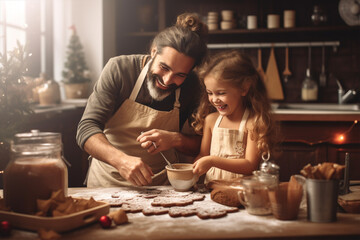 Fototapeta premium Happy dad and daughter cooking in the kitchen