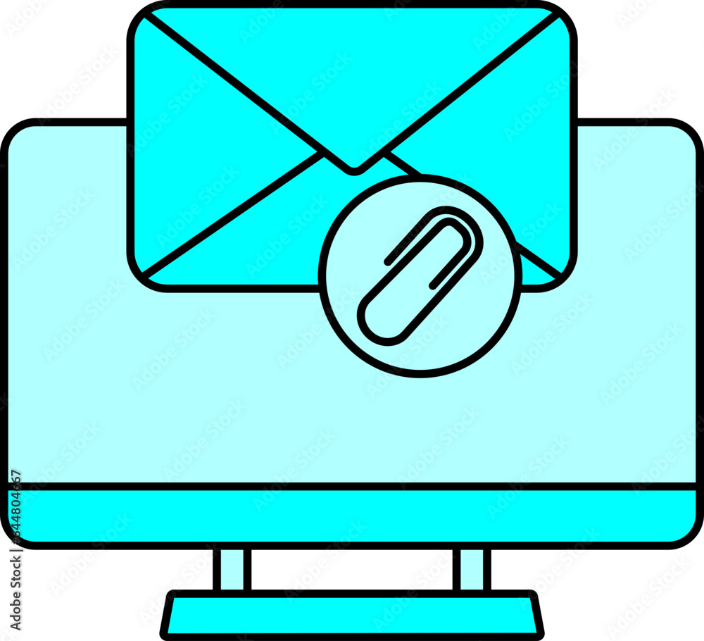 Poster computer with mail icon or symbol in cyan color.