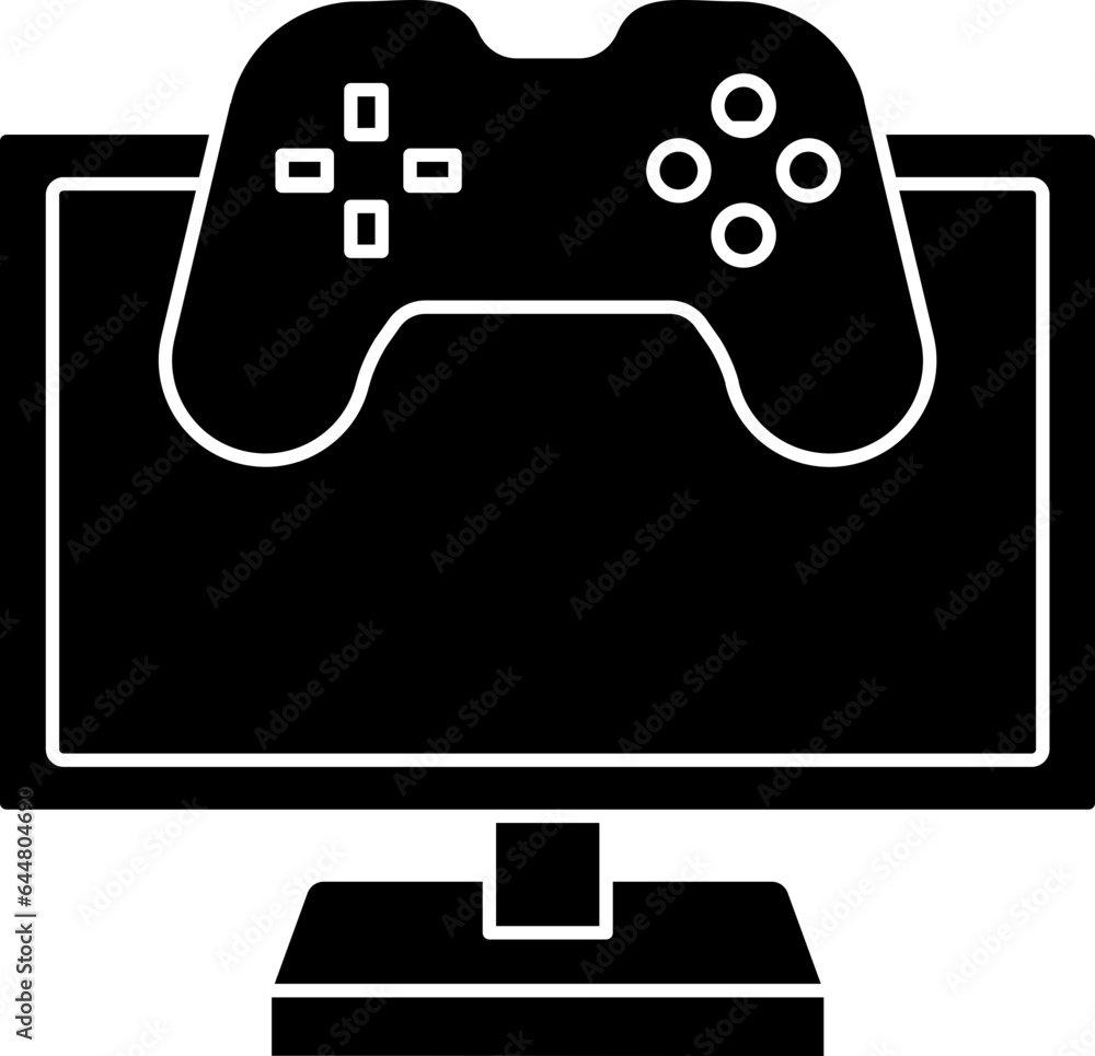 Poster computer with video game icon or symbol in black and white color.