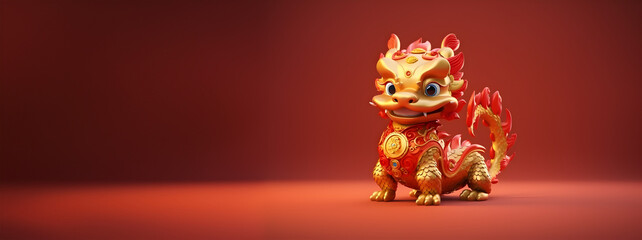 dragon de bois rouge et or, pour le nouvel an chinois 2024 - obrazy, fototapety, plakaty