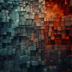 Abstract background composed of various hand-drawn crosshatched cubes in a comic book style, with shades of blue and orange resembling a meeting of ice and flame - AI Generative
