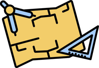 Architecture Blueprint Icon In Yellow And Blue Color.