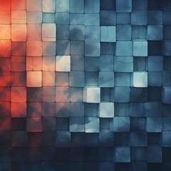abstract background made of cubes, Abstract background of cracked cubes or bricks in various sizes, transitioning from orange to blue, as if illuminated by sunlight - AI Generative