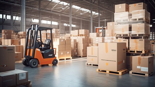 Logistics distribution center, Forklift in retail warehouse filled with shelves with products in cardboard boxes.