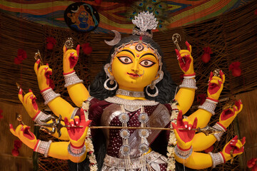Howrah, West Bengal, India- 3rd October, 2022 : Beautifully decorated Durga idol is being...