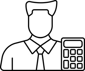 Young Faceless Man With Calculator Icon In Black Line Art.