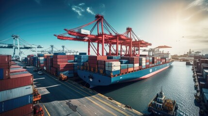 Fototapeta premium Transportation and logistics. Global business logistics import export and container cargo freight ship, cargo plane, transportation industry concept.