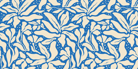 Fototapeta Abstract blue flower art seamless pattern. Trendy contemporary floral nature shape background illustration. Natural organic plant leaves artwork wallpaper print. Vintage spring texture. obraz