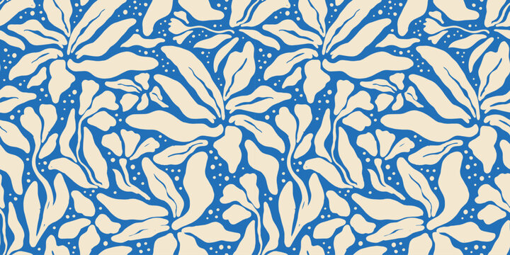 Abstract blue flower art seamless pattern. Trendy contemporary floral nature shape background illustration. Natural organic plant leaves artwork wallpaper print. Vintage spring texture.