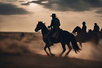 illustration of a group of cowboys riding horses in a desert area. image created using generative ai tools