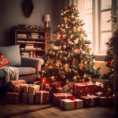 Many Christmas presents under Christmas tree
