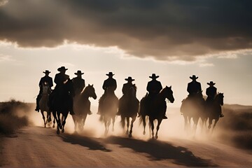 illustration of a group of cowboys riding horses in a desert area. image created using generative ai tools - obrazy, fototapety, plakaty