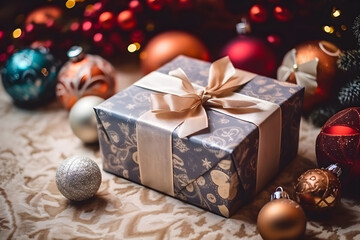 Fototapeta na wymiar Beautiful Christmas gift box on the table with decorations