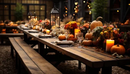 Fototapete Cozy rustic wooden table set for an autumn feast with friends, decorated with pumpkins and fall foliage centerpieces © Anna Lurye