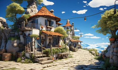 Landscape with fairy tale house in cartoon style.