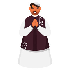 Cheerful Muslim Man Doing Namaste On White Background.