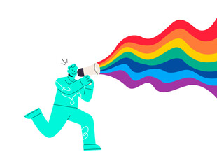 Men hold megaphone with lgbt rainbow. Pride month concept. Colorful vector illustration
