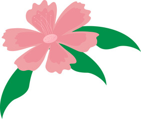 Pink Flower With Green Leaves Icon In Flat Style.