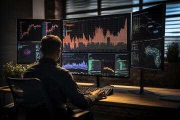 Fototapeta na wymiar A worried broker watches the stock market chart on the monitor.'generative AI' 