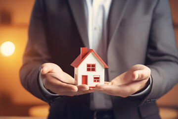 businessman holding house. business home for rent concept.