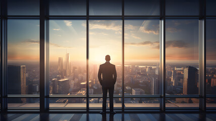 silhouette of a businessman watching the sunset in front of office room. vision, growing and future business