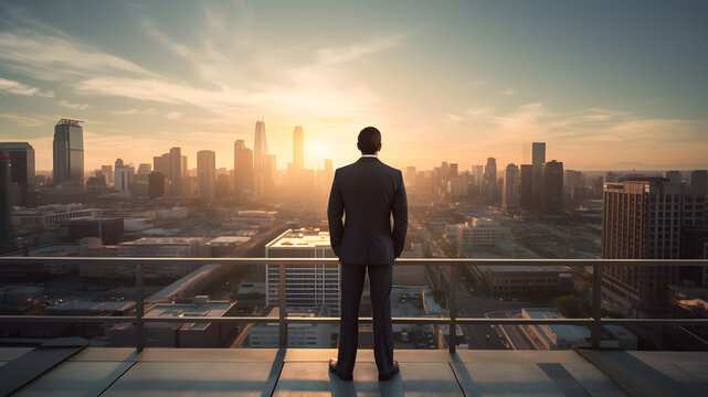 silhouette of a businessman watching the sunset in top of business building. vision, growing, successful and future business