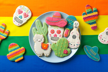 Mexican symbols in the form of gingerbread. Day of death. LGBT flag.