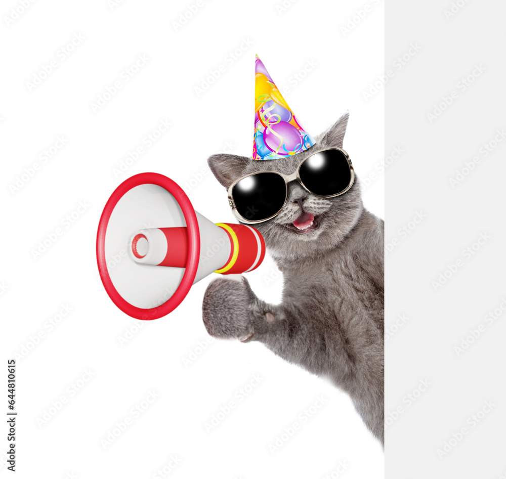 Aufkleber happy cat wearing party cap talks into megaphone and looks from behind empty white banner. isolated 