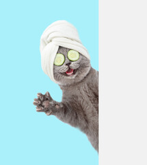 Happy cat with towel on it head and with  pieces of cucumber on it eyes stands behind empty white...