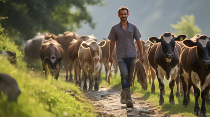 fermier qui marche avec son troupeau de vache pour la transhumance 