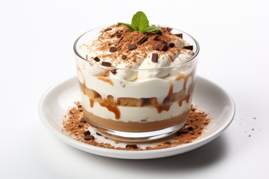 A dessert with whipped cream and chocolate on a plate. Fictional image. Tasty tiramisu in glass.
