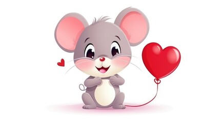 Cute mouse character in cartoon style with heart shaped red balloon on white background