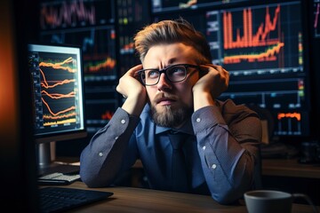 A worried broker watches the stock market chart on the monitor.'generative AI'  - obrazy, fototapety, plakaty