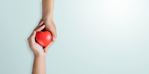 top view of hands holding red heart in concept healthcare, wellbeing, organ donation, and insurance life. World Heart Day World Health Day National Organ Donor Day. On a blue background,