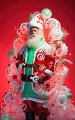 Futuristic Santa Clause surrounded by plastic led tubes. Candy presents Christmas background. Ai generated image
