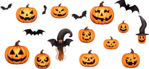 Halloween set with spiders, bats, ghosts, pumpkins on white background. Generative AI
