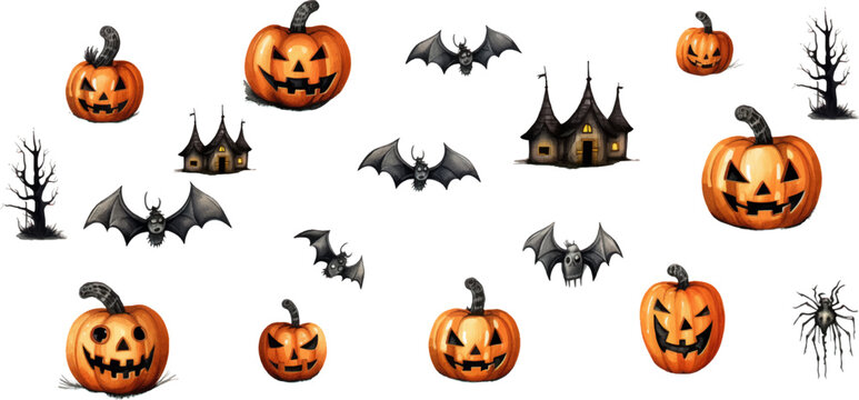 Halloween set with spiders, bats, ghosts, pumpkins on white background. Generative AI