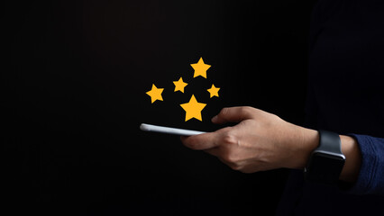 Businesswoman rate satisfaction 5 stars, Excellent quality assurance, certification the best service, guarantee standard company service. ISO certification, satisfaction of customer