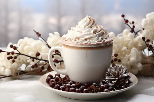 A cup of hot chocolate with whipped cream on top. Fictional image.