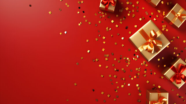Red Christmas background with realistic gifts and golden confetti. High quality photo