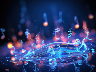 Floating musical notes on an abstract blue background with flares 3d illustration. Generative Ai