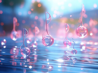 Floating musical notes on an abstract blue background with flares 3d illustration. Generative Ai